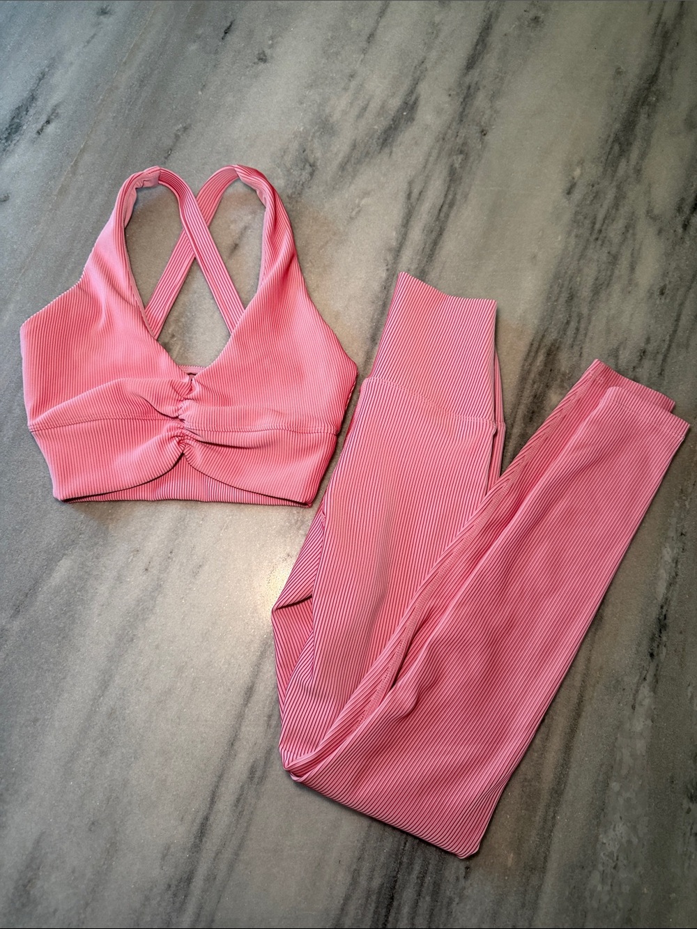 Pink Ribbed Crossback Bralette and Legging Set
